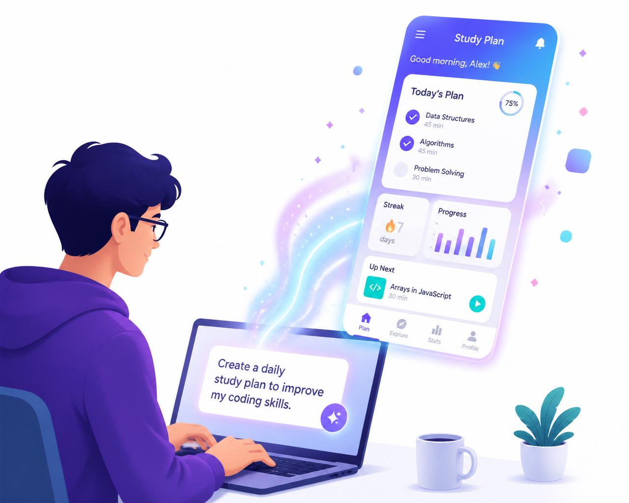Person typing an idea and an AI-generated app appearing